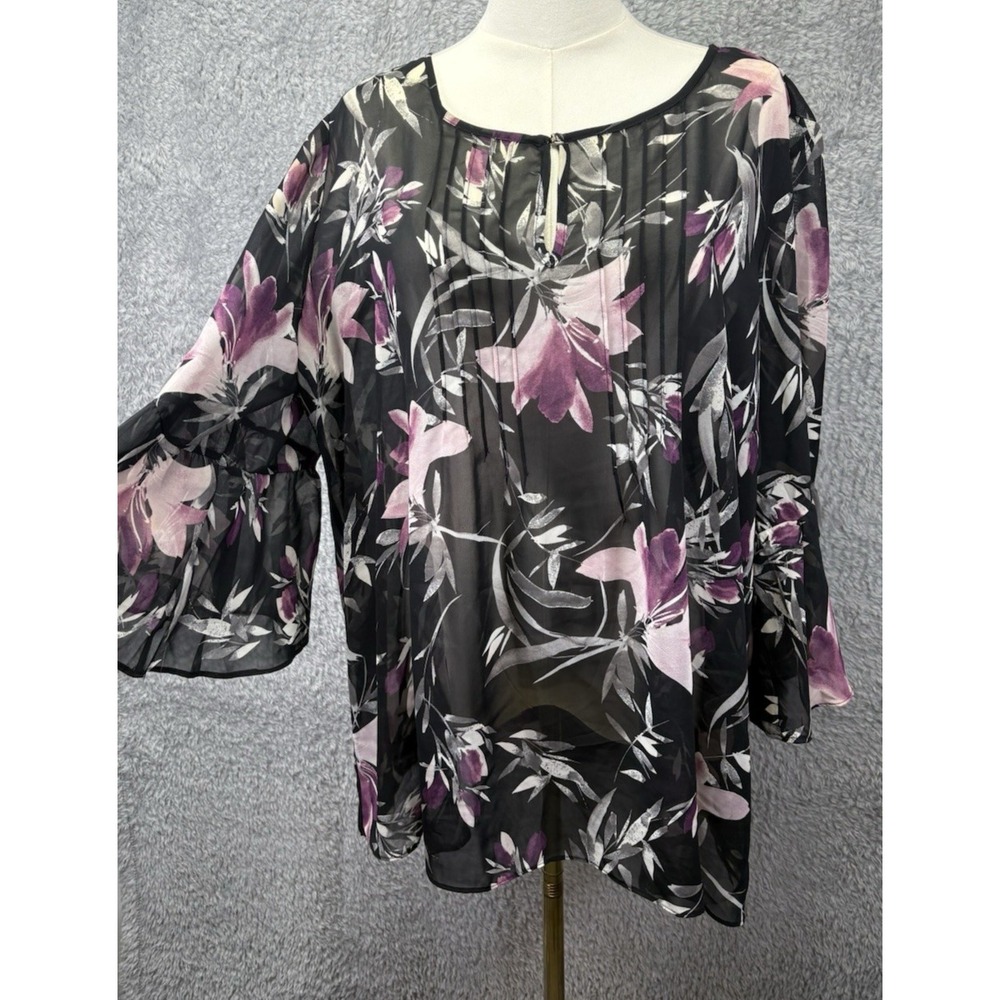 Avenue Womens 18/20 2X Floral Peasant Top Black Purple Bell Sleeve Boho Pleated